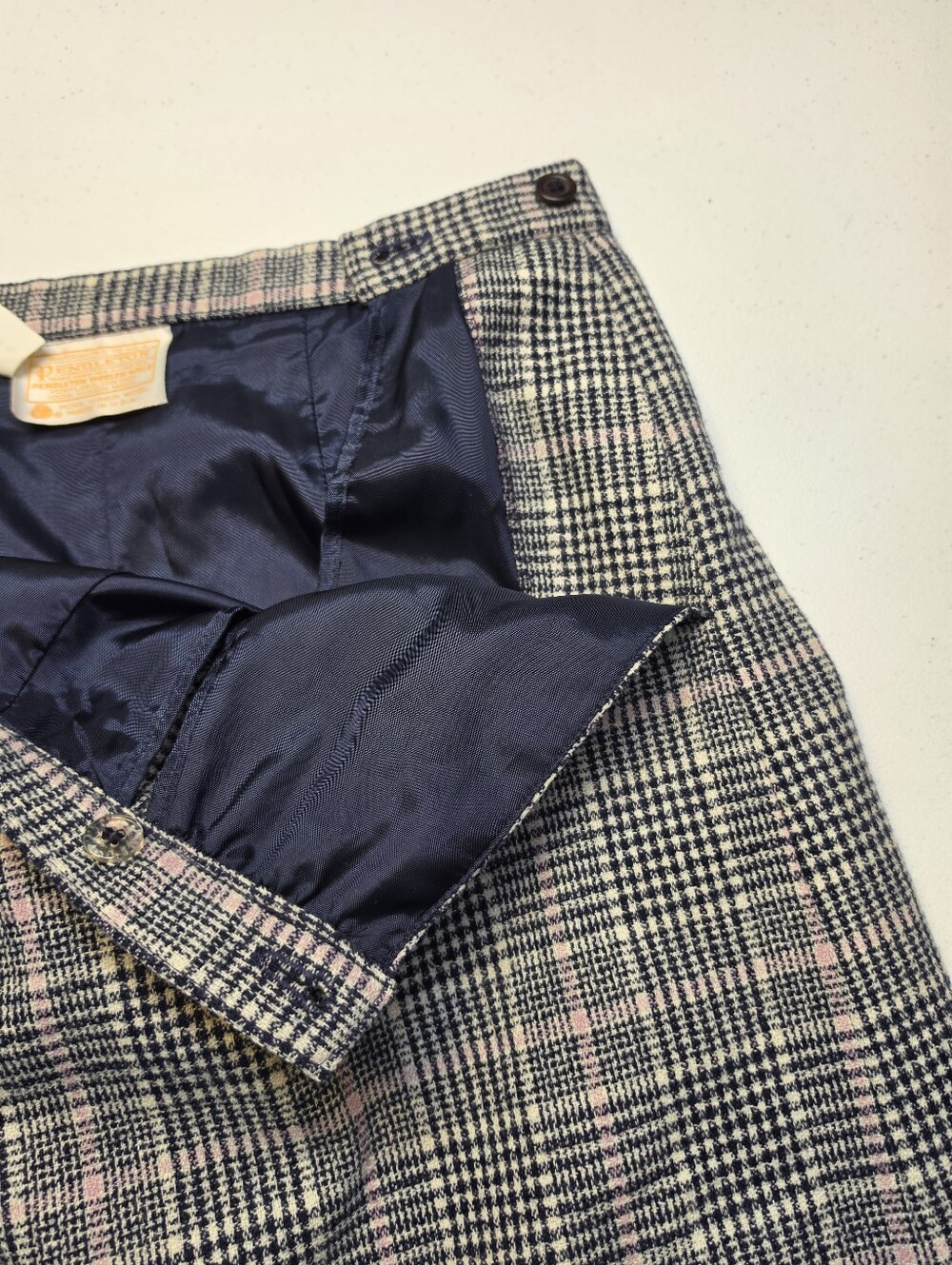 Pendelton Vintage Wool Midi Skirt Navy Blue White and Pink Plaid - Picture 5 of 7
